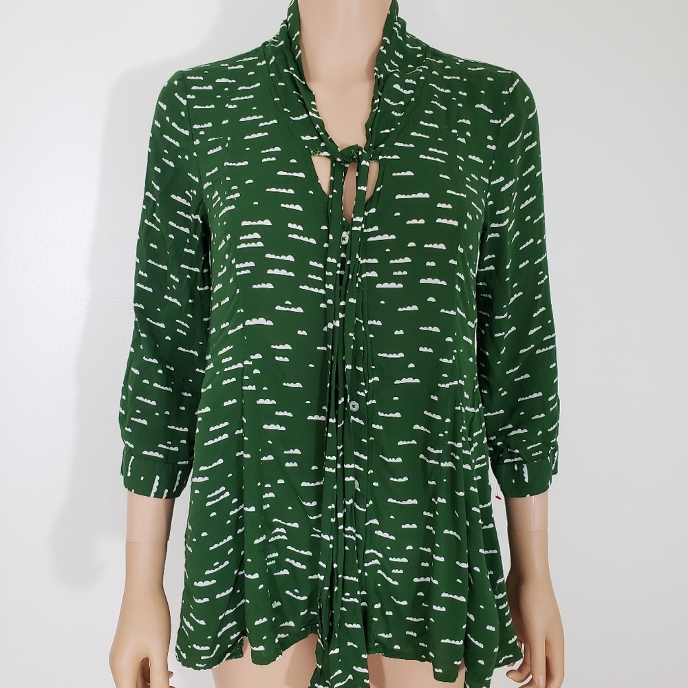 Maeve Green Tie Front top Blouse S kelly green 3/4 sleeves anthropologie hi lo